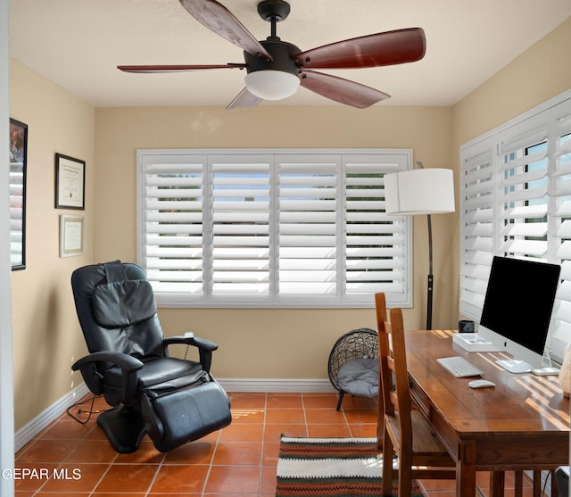 tiled office space with ceiling fan and plenty of natural light