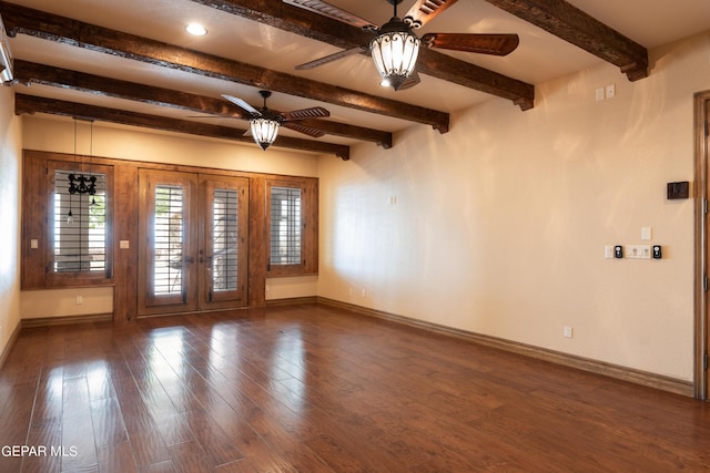 878 Cortona Pl, El Paso, TX 79928 - spare room featuring french doors, ceiling fan, beam ceiling, and dark wood-type flooring