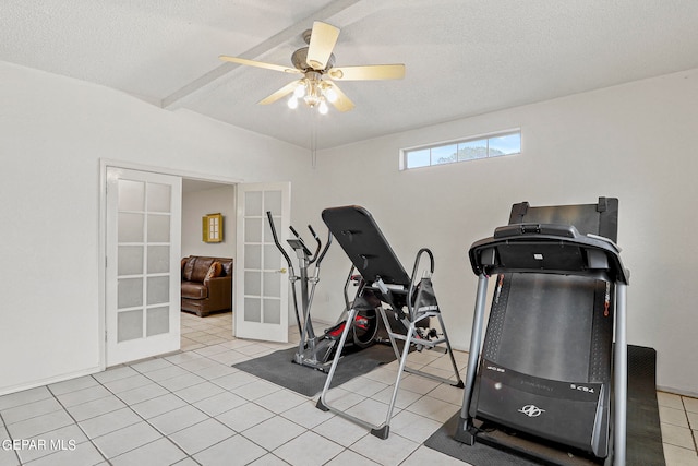 exercise room with light tile patterned flooring, a textured ceiling, ceiling fan, and french doors