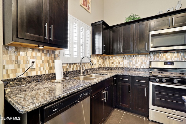 kitchen with appliances with stainless steel finishes, sink, dark stone countertops, backsplash, and dark brown cabinetry