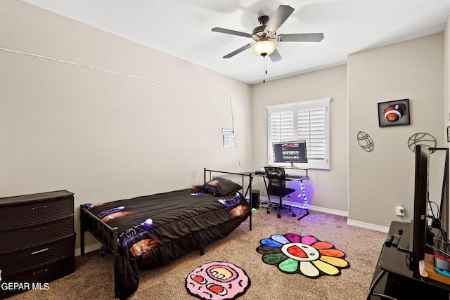 carpeted bedroom with ceiling fan