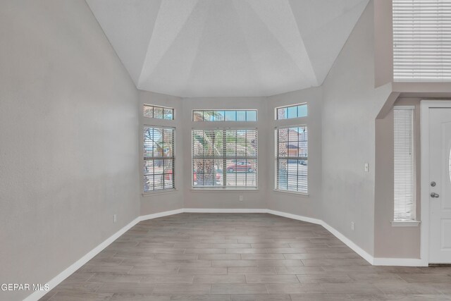 interior space featuring light hardwood / wood-style floors and high vaulted ceiling