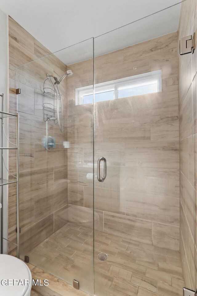 bathroom with a wealth of natural light, toilet, and an enclosed shower