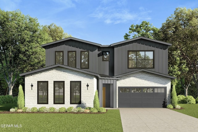 modern farmhouse style home with a garage, driveway, a front lawn, and board and batten siding