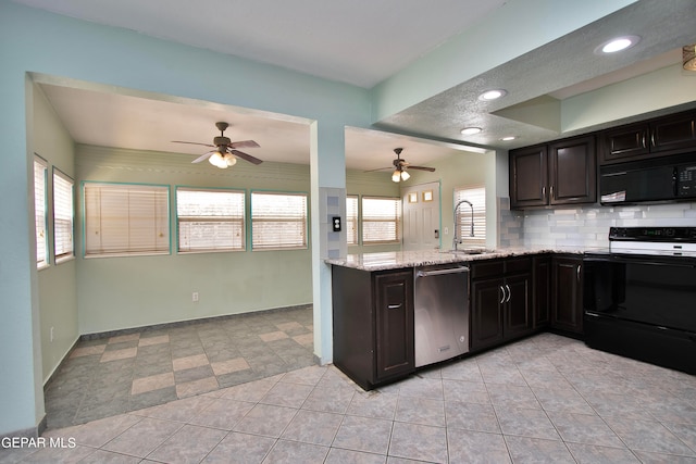 kitchen with electric stove, stainless steel dishwasher, backsplash, plenty of natural light, and light tile patterned floors