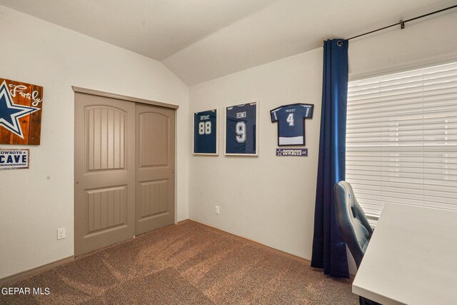 bedroom featuring a closet, carpet, and lofted ceiling