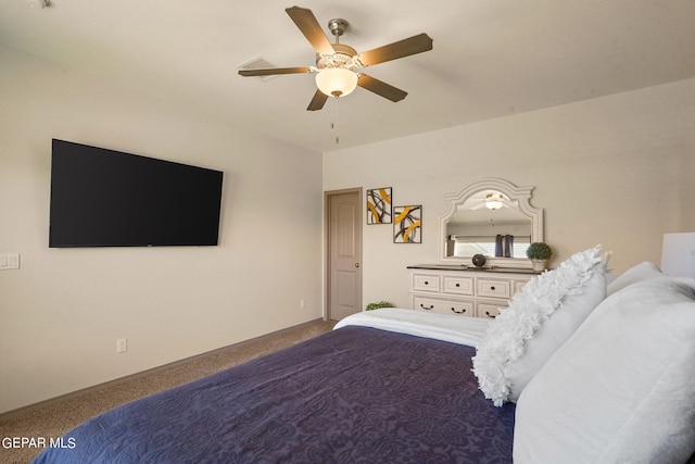 bedroom with ceiling fan and carpet flooring