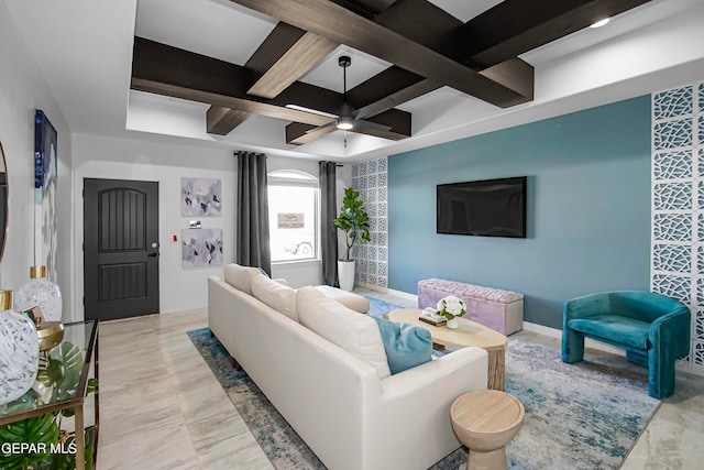 living room with ceiling fan, beamed ceiling, and coffered ceiling