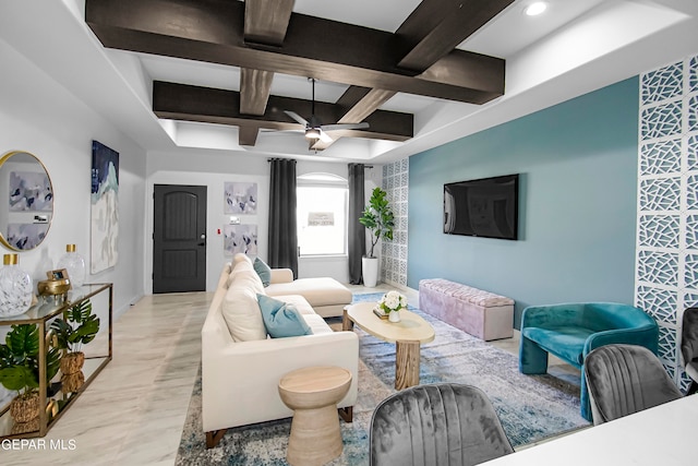 living room with ceiling fan, beam ceiling, and coffered ceiling