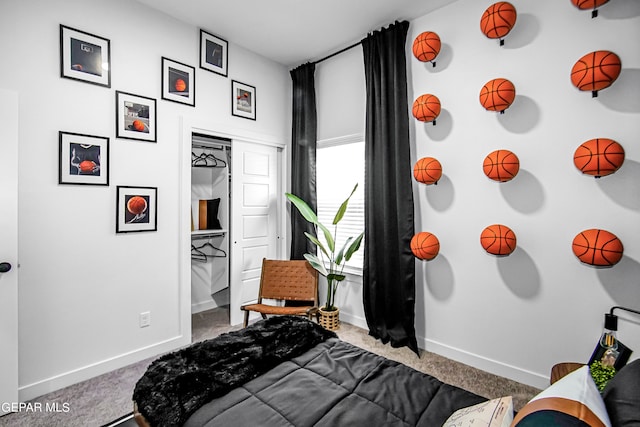 carpeted bedroom with a closet