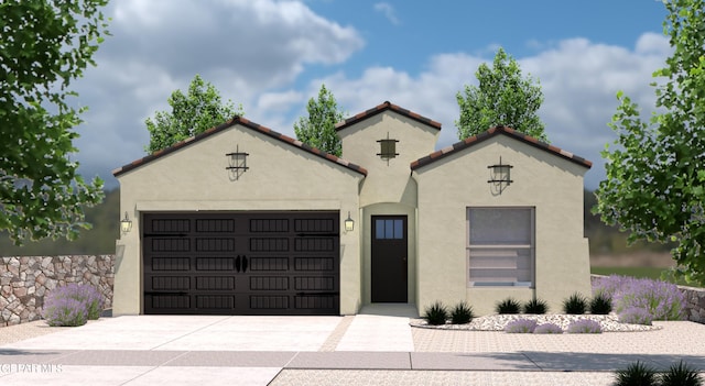 mediterranean / spanish-style house featuring a garage, driveway, a tile roof, and stucco siding