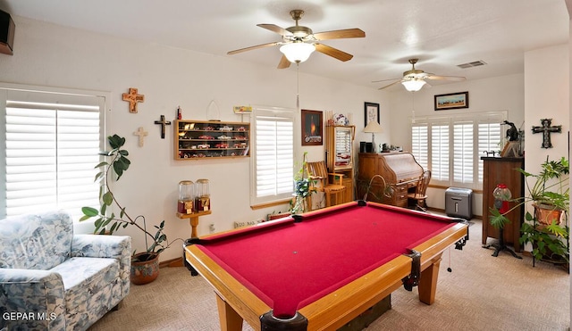 recreation room featuring carpet, visible vents, billiards, and baseboards