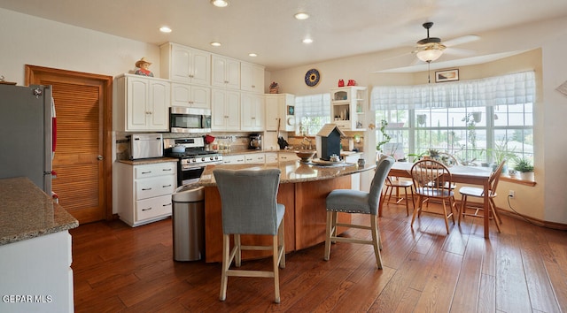 kitchen with ceiling fan, stone countertops, dark wood-type flooring, white cabinetry, and appliances with stainless steel finishes