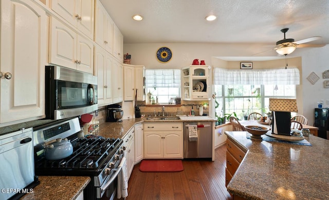 kitchen featuring dark wood-style flooring, stainless steel appliances, recessed lighting, a sink, and ceiling fan