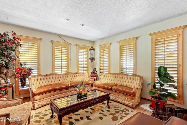 living room with a textured ceiling