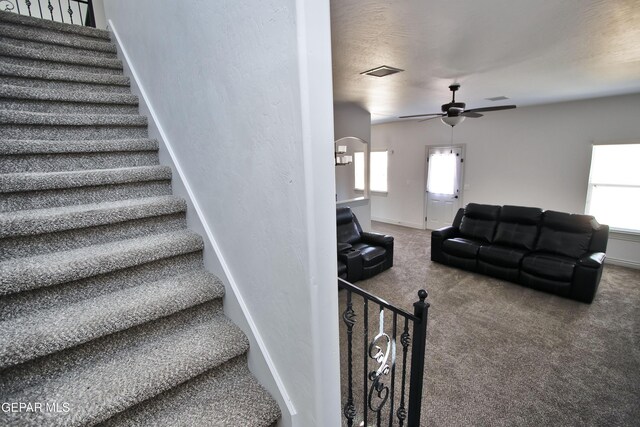 stairs with carpet floors, visible vents, and baseboards