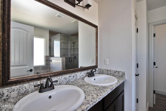 bathroom with double vanity, a sink, visible vents, and a shower stall