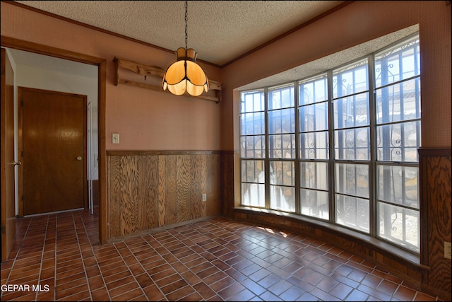 unfurnished room with wooden walls, a wainscoted wall, plenty of natural light, and a textured ceiling