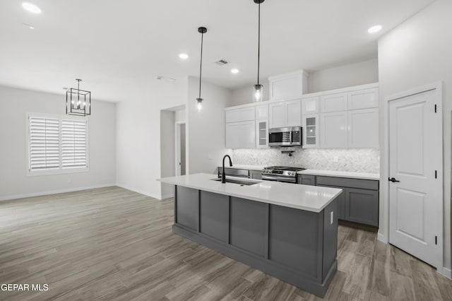 kitchen featuring appliances with stainless steel finishes, backsplash, sink, a center island with sink, and light wood-type flooring