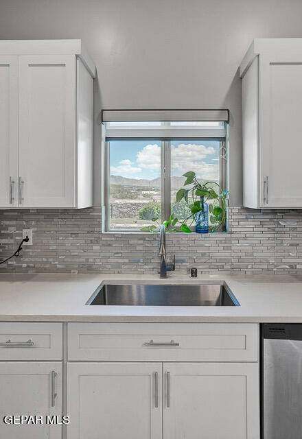 kitchen featuring white cabinetry, backsplash, sink, and dishwasher