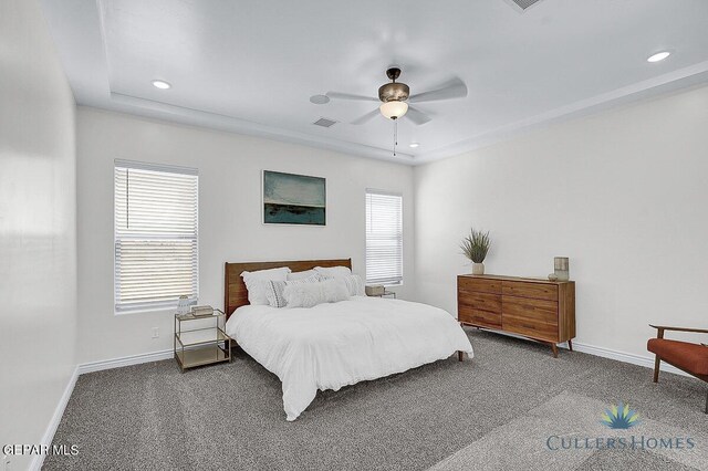 bedroom with ceiling fan and carpet floors