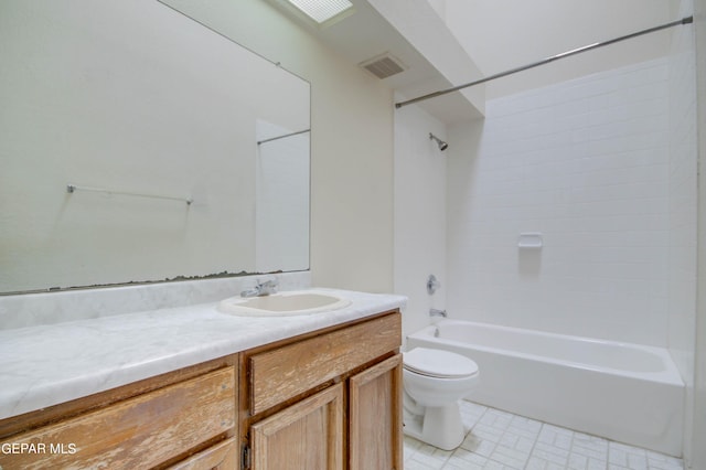 full bathroom featuring visible vents, shower / washtub combination, toilet, and vanity