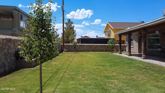 view of yard with a fenced backyard and a patio