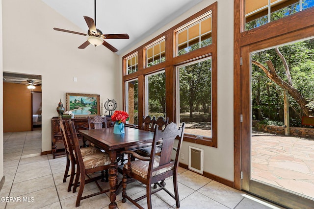 630 Gary Ln, El Paso, TX 79922 - dining room featuring high vaulted ceiling, ceiling fan, healthy amount of natural light, baseboards, and light tile patterned floors
