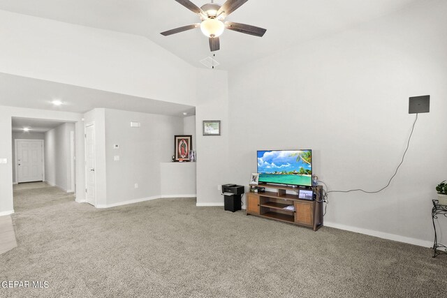 living room featuring ceiling fan, carpet flooring, and high vaulted ceiling