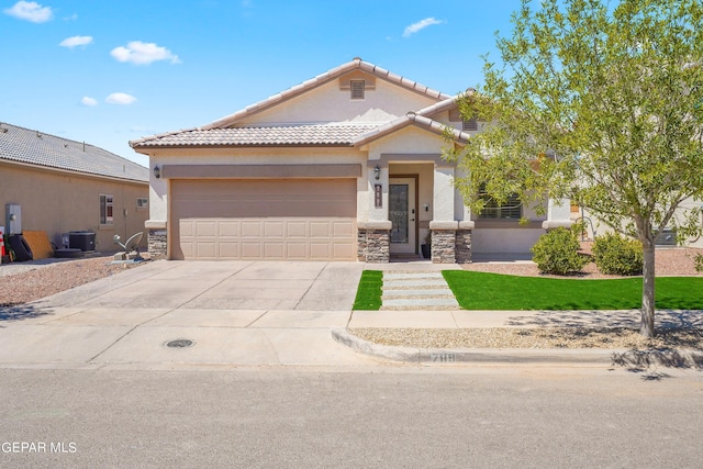 view of front facade featuring stucco siding, concrete driveway, an attached garage, central AC unit, and stone siding