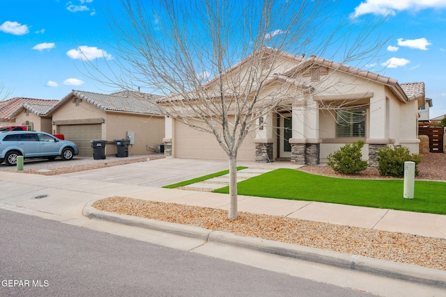 view of front facade featuring a garage, stone siding, driveway, and stucco siding