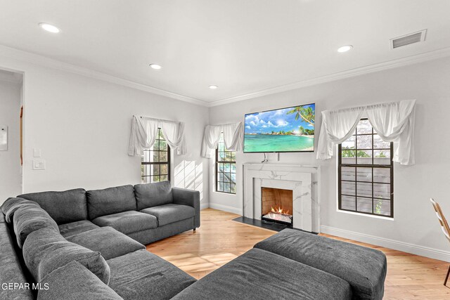 living room featuring a premium fireplace, light wood-type flooring, a wealth of natural light, and crown molding