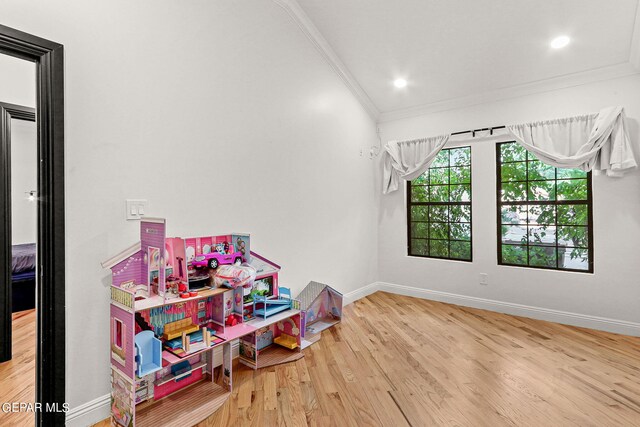 rec room with crown molding and hardwood / wood-style floors