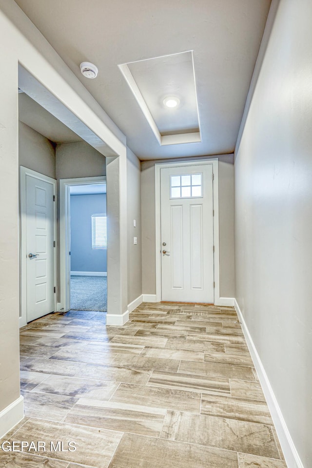 entrance foyer featuring hardwood / wood-style floors and a tray ceiling