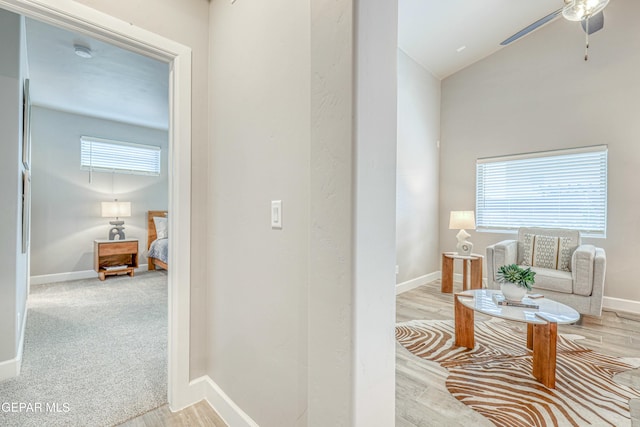 hall featuring a wealth of natural light, light hardwood / wood-style flooring, and vaulted ceiling