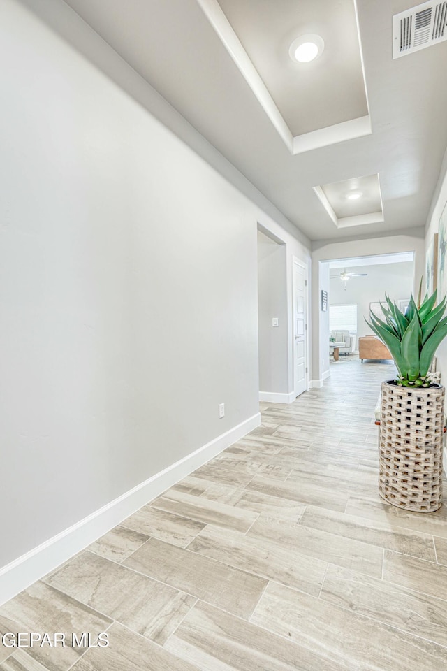 hall with a tray ceiling and hardwood / wood-style floors