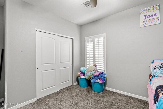 game room featuring ceiling fan and carpet floors