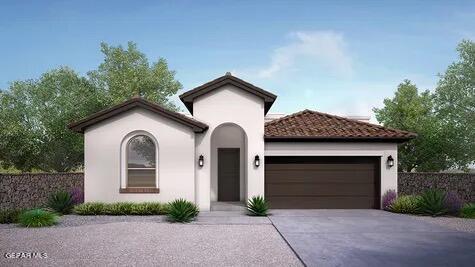 mediterranean / spanish-style house featuring a garage, driveway, fence, and stucco siding