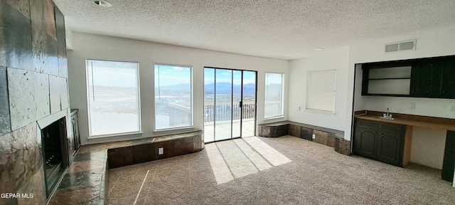5829 Vista Corona Ct, El Paso, TX 79912 - unfurnished living room with a large fireplace, a textured ceiling, carpet, and a sink