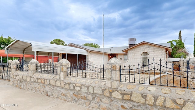 single story home with driveway, a shingled roof, fence, and brick siding