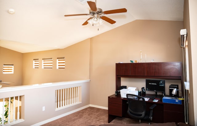 office featuring baseboards, carpet, lofted ceiling, plenty of natural light, and a ceiling fan