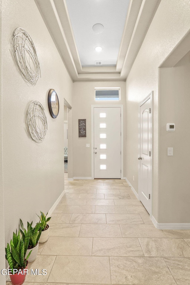 entrance foyer featuring a raised ceiling and light hardwood / wood-style flooring