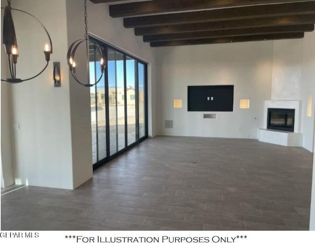 unfurnished living room with a fireplace, beam ceiling, and dark hardwood / wood-style floors