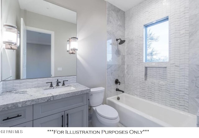 full bathroom with tiled shower / bath combo, vanity, and toilet