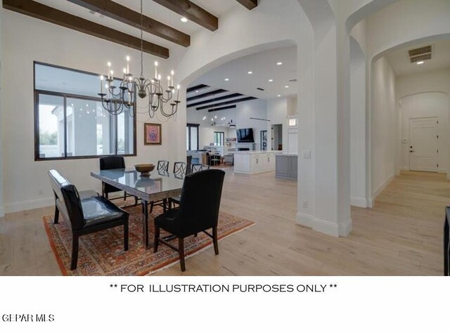 dining room featuring a chandelier, beam ceiling, and light hardwood / wood-style flooring