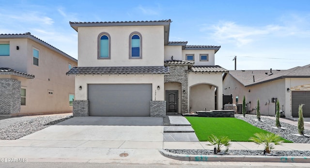 mediterranean / spanish-style house featuring a garage, brick siding, concrete driveway, a tiled roof, and a front yard