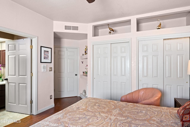 bedroom with two closets and hardwood / wood-style flooring