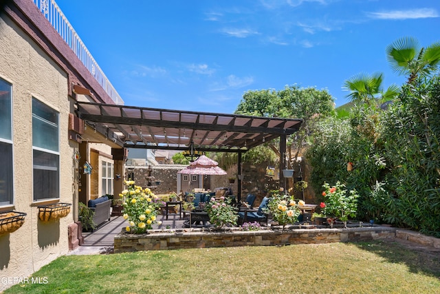 view of yard with an outdoor structure, a patio, and a pergola