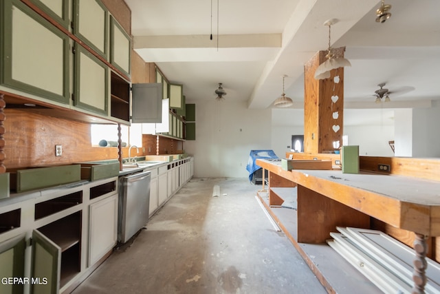 kitchen featuring concrete flooring, stainless steel dishwasher, decorative backsplash, ceiling fan, and green cabinetry