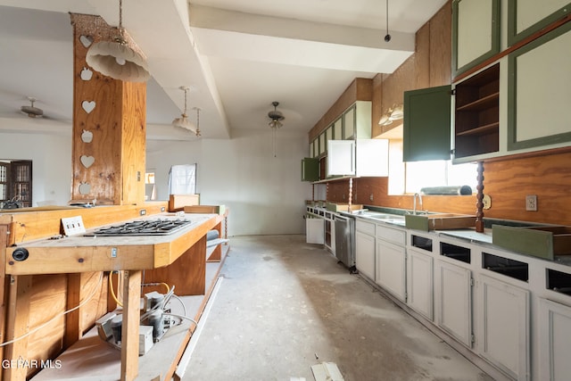 kitchen with beamed ceiling, green cabinets, sink, decorative backsplash, and ceiling fan